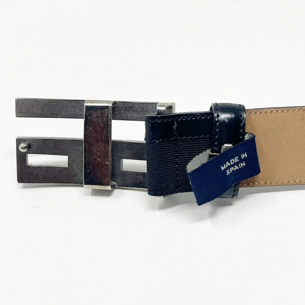 Mezlan Men's Black Leather Belt Size 32 Rectangular Silver Tone Buckle Spain GUC